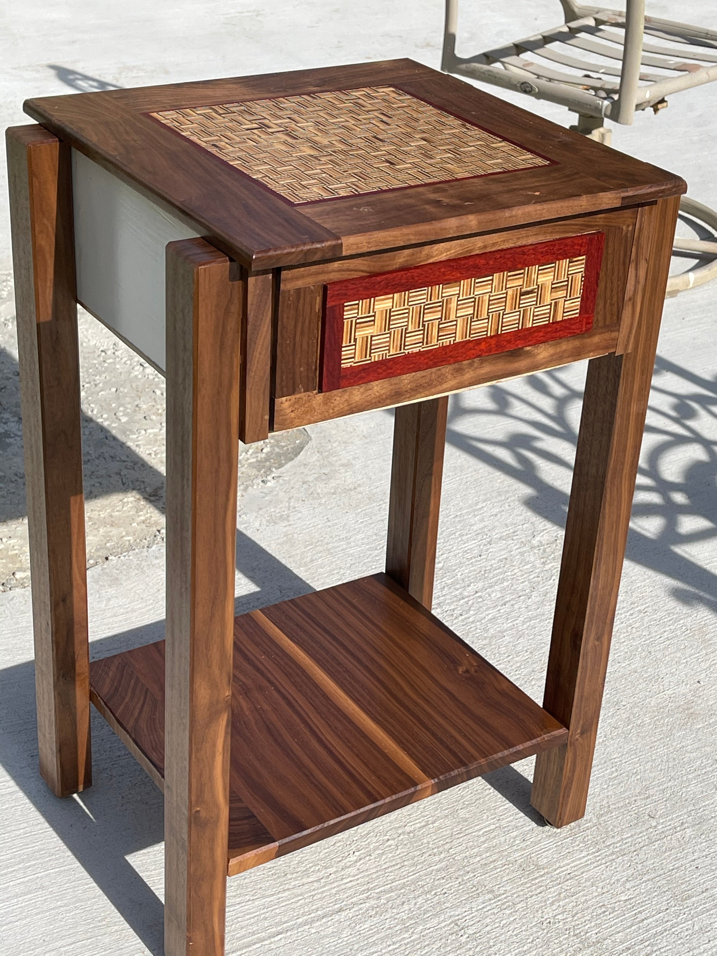 Handcrafted Hardwood Side Table with Woven Inlay